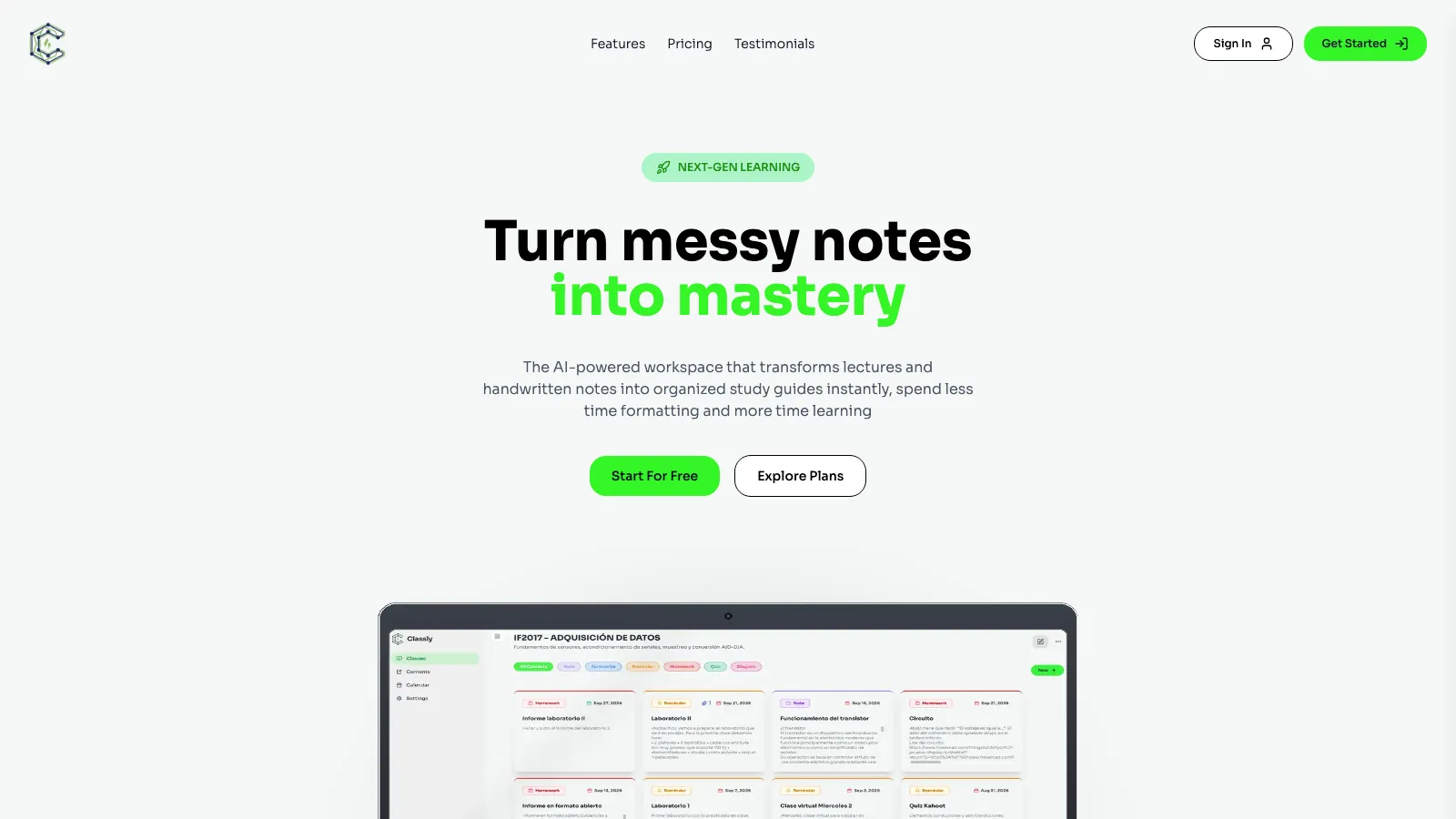 Classly, home page